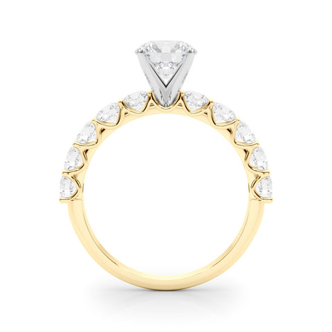 Yellow gold Round Diamond Prong Setting with Side Stones on a Pave Band