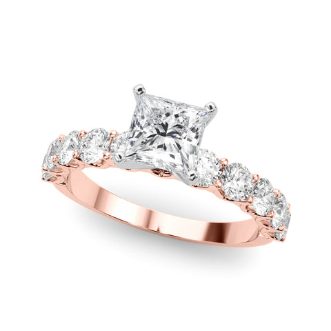 Rose gold Princess Diamond Prong Setting with Side Stones on a Pave Band