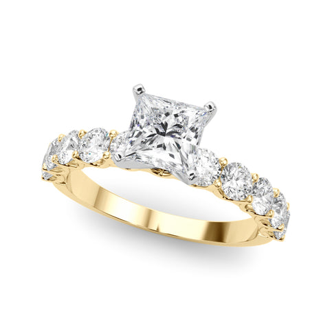 Yellow gold Princess Diamond Prong Setting with Side Stones on a Pave Band