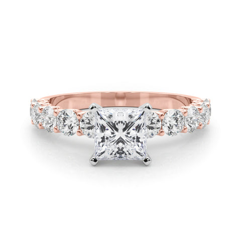 Rose gold Princess Diamond Prong Setting with Side Stones on a Pave Band