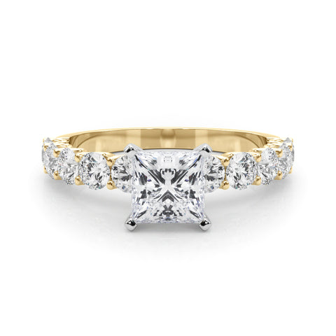 Yellow gold Princess Diamond Prong Setting with Side Stones on a Pave Band