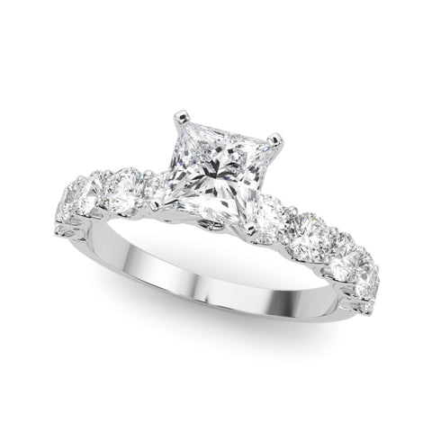 White gold Princess Diamond Prong Setting with Side Stones on a Pave Band