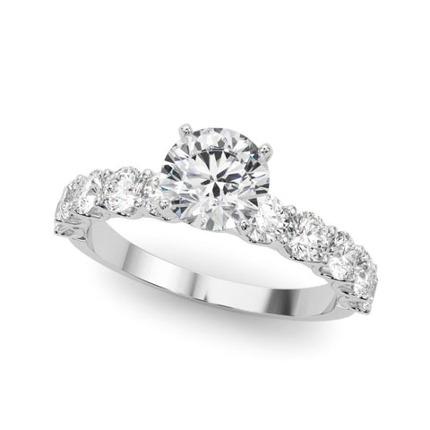 White gold Round Diamond Prong Setting with Side Stones on a Pave Band