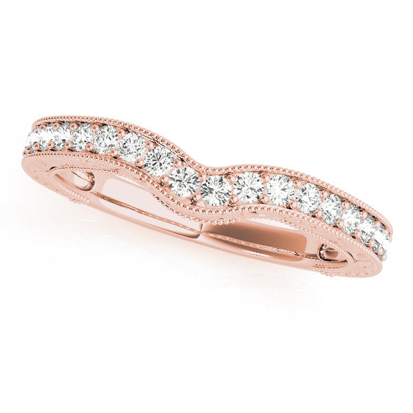 14K Rose Gold Pave Round Diamond Curved Milgrain Band
