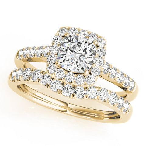 Yellow gold Cushion Halo Pavé Diamond Engagement Ring with Four-Prong Setting