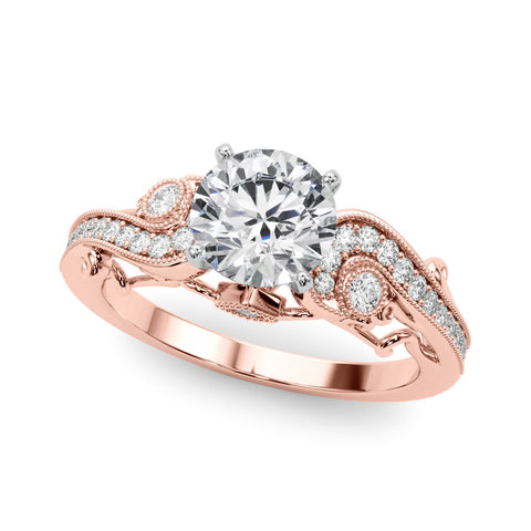 Rose gold Round Solitaire with Milgrain Pave Band and Four-Prong Setting