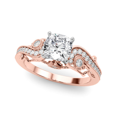 Rose gold Cushion Solitaire with Milgrain Pave Band and Four-Prong Setting