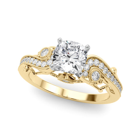 Yellow gold Cushion Solitaire with Milgrain Pave Band and Four-Prong Setting