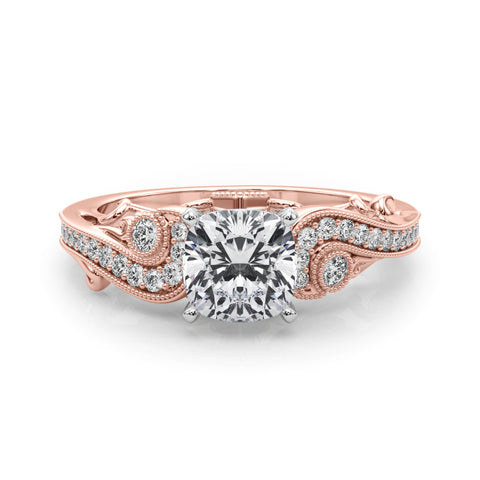 Rose gold Cushion Solitaire with Milgrain Pave Band and Four-Prong Setting