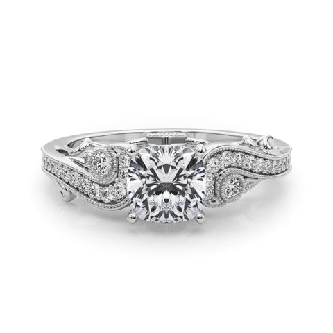 White gold Cushion Solitaire with Milgrain Pave Band and Four-Prong Setting