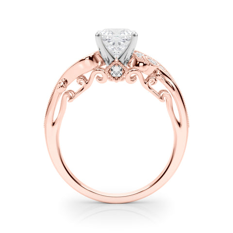 Rose gold Cushion Solitaire with Milgrain Pave Band and Four-Prong Setting