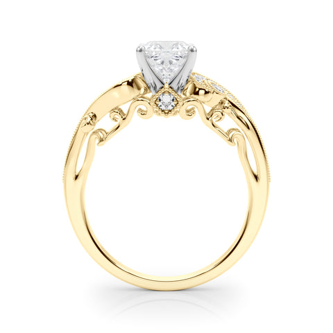 Yellow gold Cushion Solitaire with Milgrain Pave Band and Four-Prong Setting