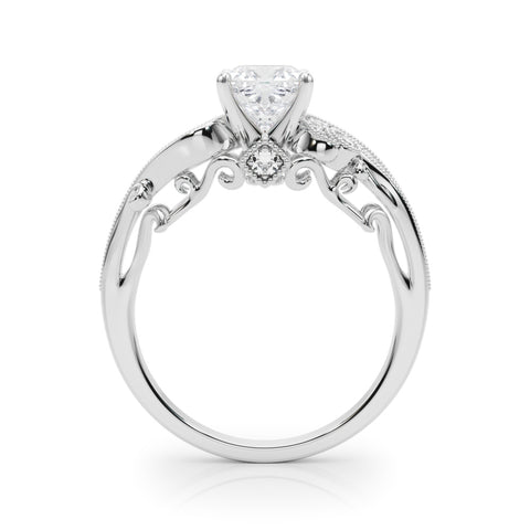 White gold Cushion Solitaire with Milgrain Pave Band and Four-Prong Setting