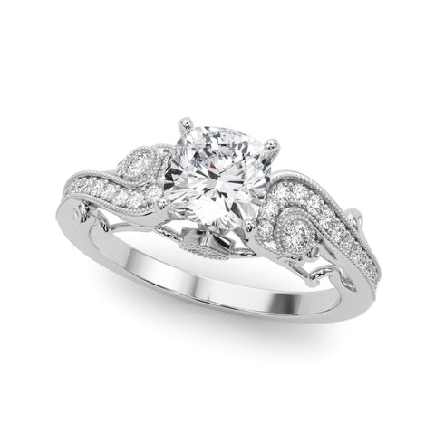 White gold Cushion Solitaire with Milgrain Pave Band and Four-Prong Setting