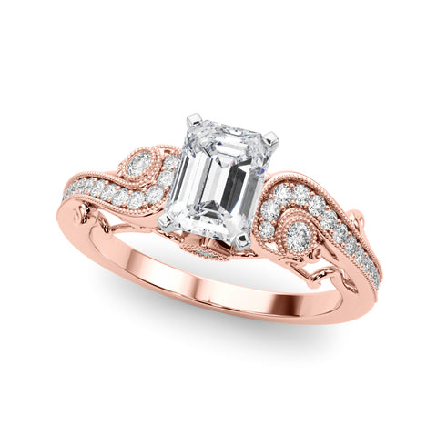 Rose gold Emerald Solitaire with Milgrain Pave Band and Four-Prong Setting