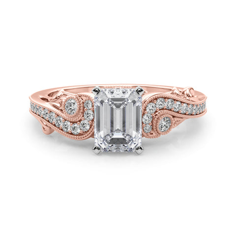 Rose gold Emerald Solitaire with Milgrain Pave Band and Four-Prong Setting