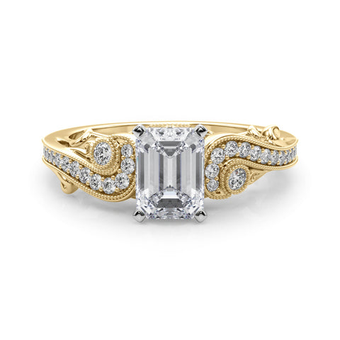 Yellow gold Emerald Solitaire with Milgrain Pave Band and Four-Prong Setting