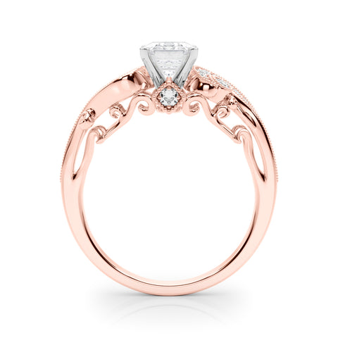 Rose gold Emerald Solitaire with Milgrain Pave Band and Four-Prong Setting