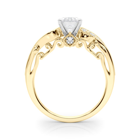 Yellow gold Emerald Solitaire with Milgrain Pave Band and Four-Prong Setting