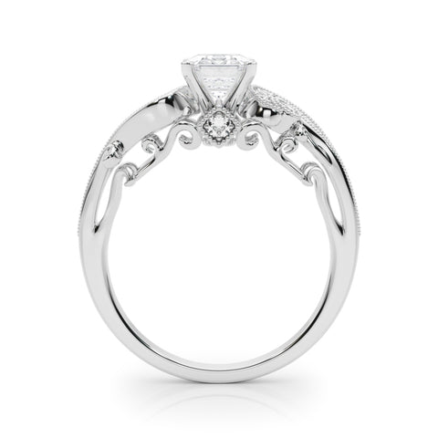 White gold Emerald Solitaire with Milgrain Pave Band and Four-Prong Setting