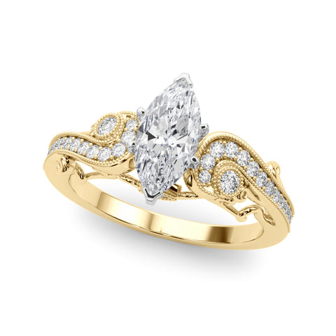 Yellow gold Marquise Solitaire with Milgrain Pave Band and Four-Prong Setting