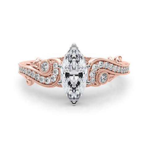 Rose gold Marquise Solitaire with Milgrain Pave Band and Four-Prong Setting