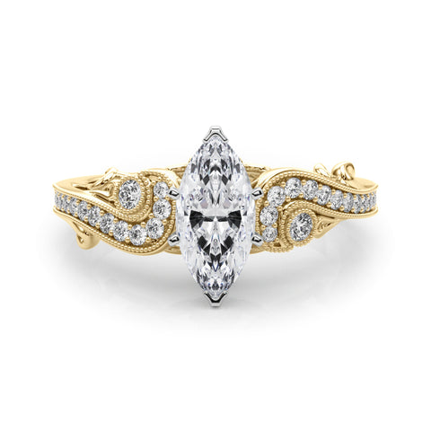 Yellow gold Marquise Solitaire with Milgrain Pave Band and Four-Prong Setting