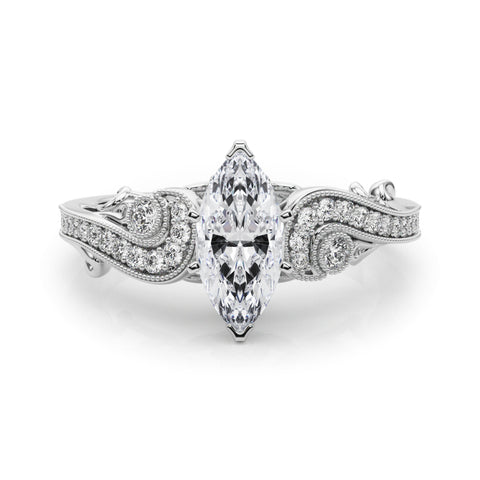 White gold Marquise Solitaire with Milgrain Pave Band and Four-Prong Setting