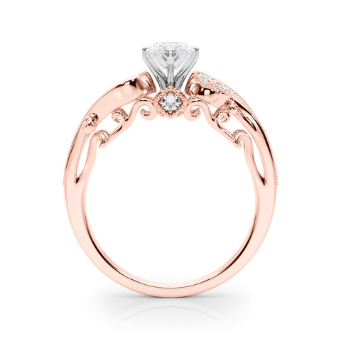 Rose gold Marquise Solitaire with Milgrain Pave Band and Four-Prong Setting