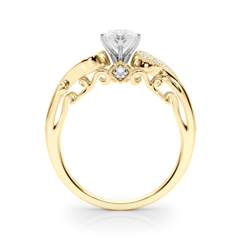 Yellow gold Marquise Solitaire with Milgrain Pave Band and Four-Prong Setting