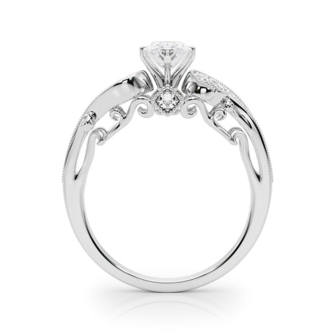 White gold Marquise Solitaire with Milgrain Pave Band and Four-Prong Setting