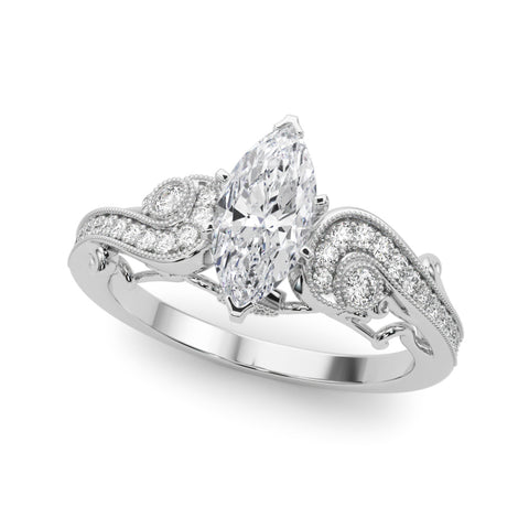 White gold Marquise Solitaire with Milgrain Pave Band and Four-Prong Setting