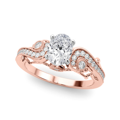 Rose gold Oval Solitaire with Milgrain Pave Band and Four-Prong Setting