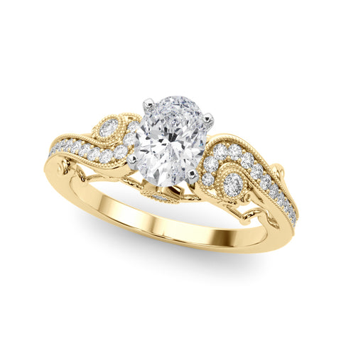 Yellow gold Oval Solitaire with Milgrain Pave Band and Four-Prong Setting