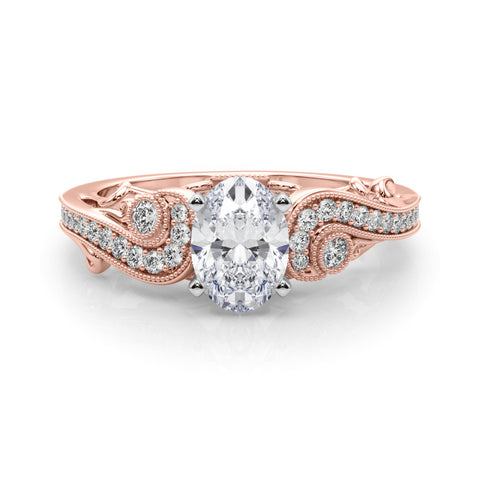 Rose gold Oval Solitaire with Milgrain Pave Band and Four-Prong Setting