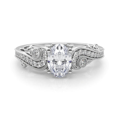 White gold Oval Solitaire with Milgrain Pave Band and Four-Prong Setting