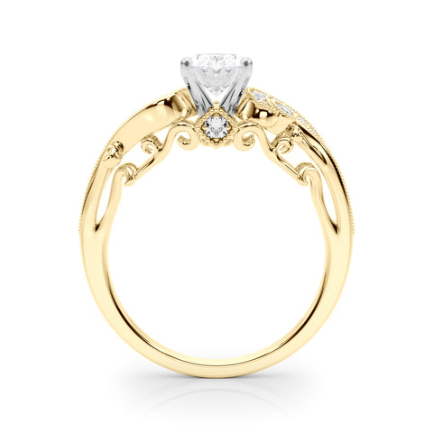 Yellow gold Oval Solitaire with Milgrain Pave Band and Four-Prong Setting