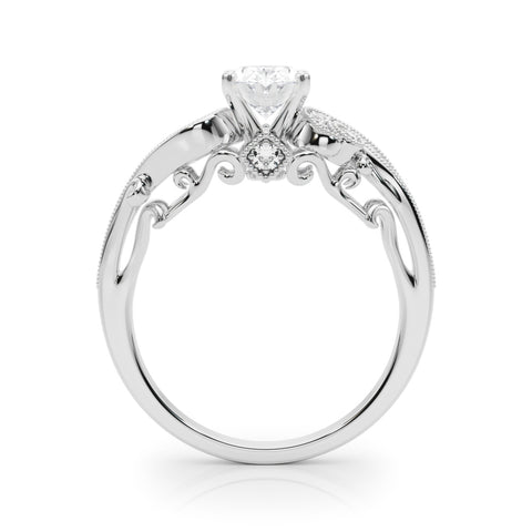 White gold Oval Solitaire with Milgrain Pave Band and Four-Prong Setting