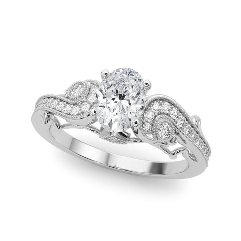 White gold Oval Solitaire with Milgrain Pave Band and Four-Prong Setting