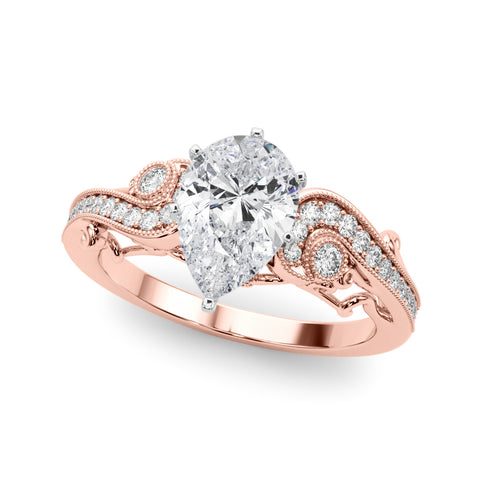 Rose gold Pear Solitaire with Milgrain Pave Band and Four-Prong Setting