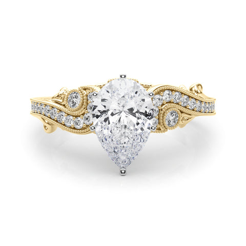 Yellow gold Pear Solitaire with Milgrain Pave Band and Four-Prong Setting