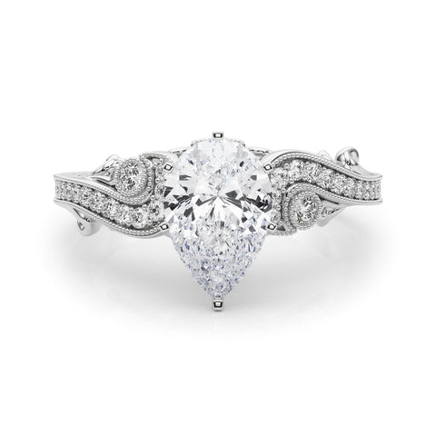 White gold Pear Solitaire with Milgrain Pave Band and Four-Prong Setting