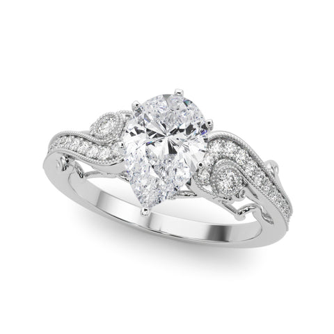 White gold Pear Solitaire with Milgrain Pave Band and Four-Prong Setting