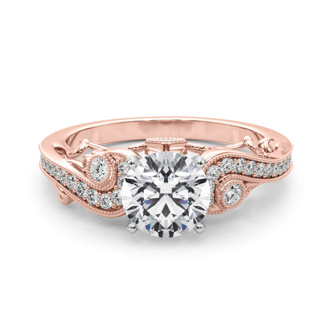 Rose gold Round Solitaire with Milgrain Pave Band and Four-Prong Setting