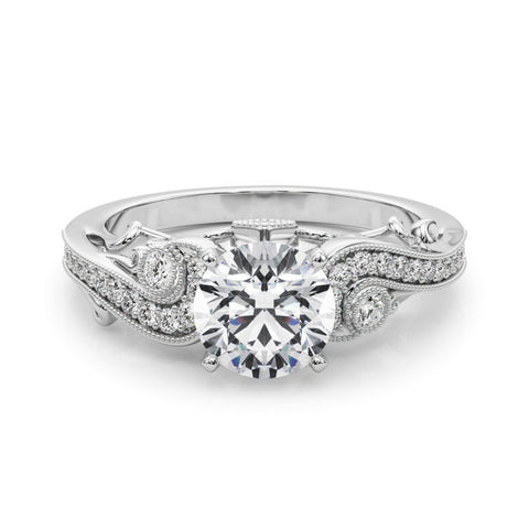 White gold Round Solitaire with Milgrain Pave Band and Four-Prong Setting