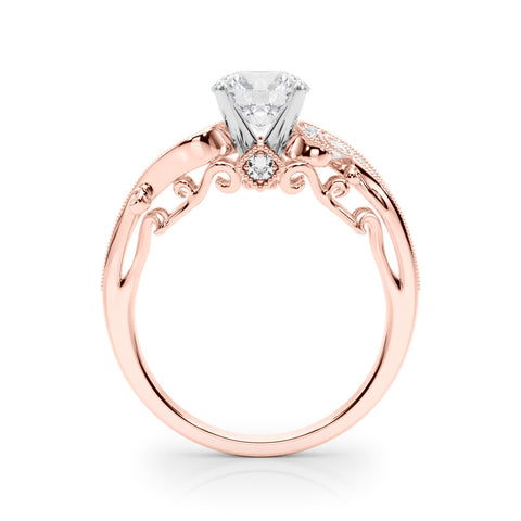 Rose gold Round Solitaire with Milgrain Pave Band and Four-Prong Setting