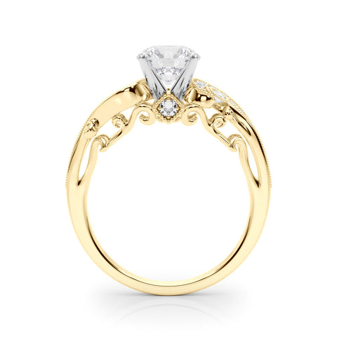 Yellow gold Round Solitaire with Milgrain Pave Band and Four-Prong Setting