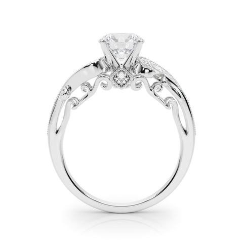 White gold Round Solitaire with Milgrain Pave Band and Four-Prong Setting