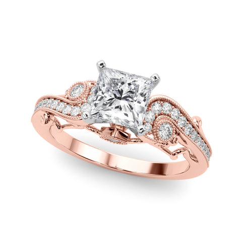 Rose gold Princess Solitaire with Milgrain Pave Band and Four-Prong Setting