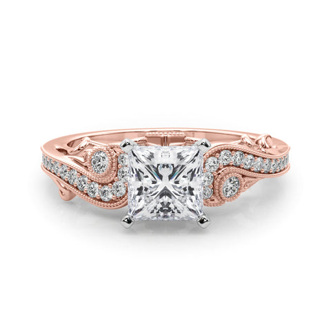 Rose gold Princess Solitaire with Milgrain Pave Band and Four-Prong Setting